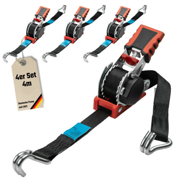 4x LoadCare Automatik Ratschen‑Zurrgurt 2,2 m mit Spitzhaken